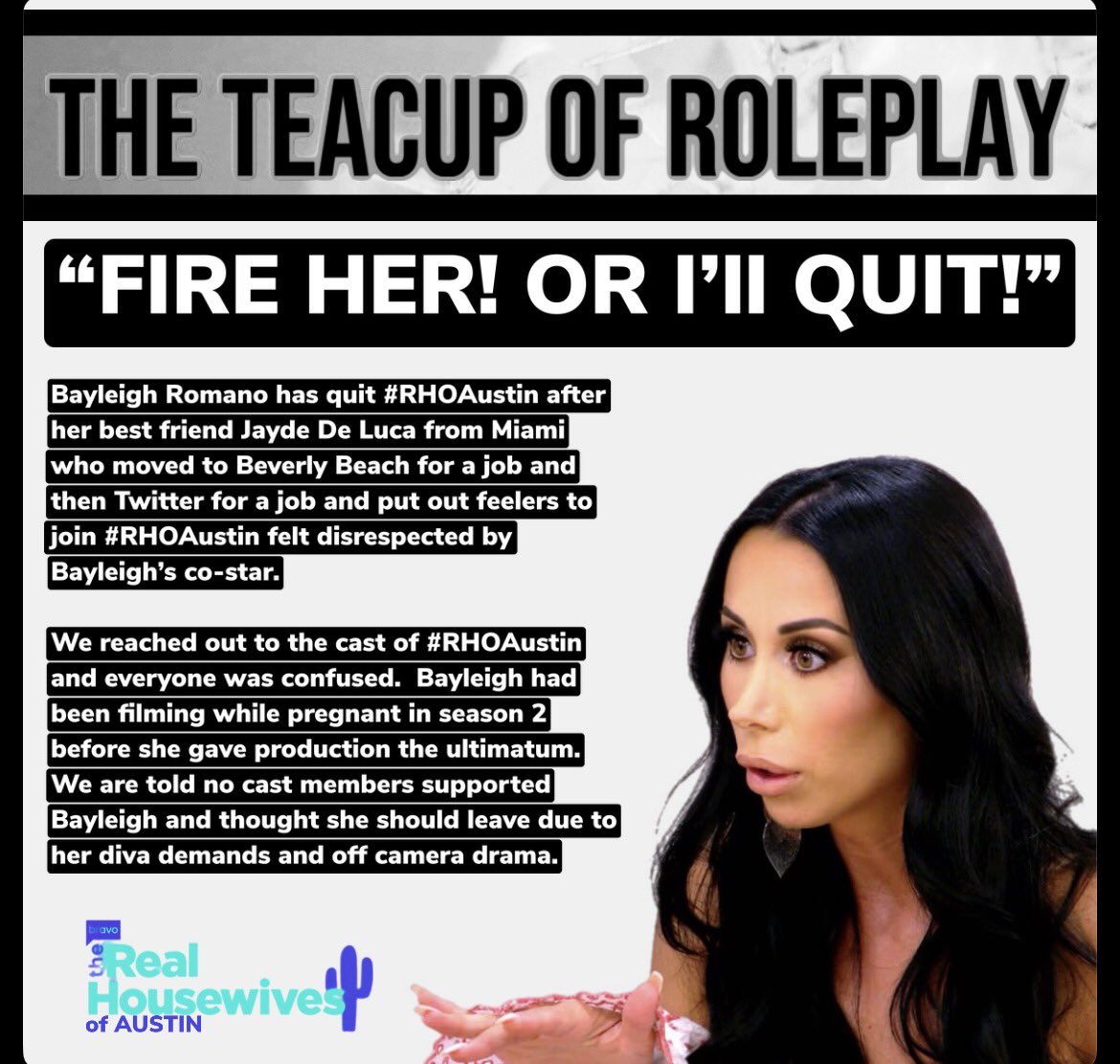 EXCLUSIVE TEA! I can now confirm thst the cast of #RHOAustin did not appreciate <a href="/BayleighRomano/">Bayleigh Romano</a> trying to get their fellow cast mate fired on behalf of Jayde De Luca!