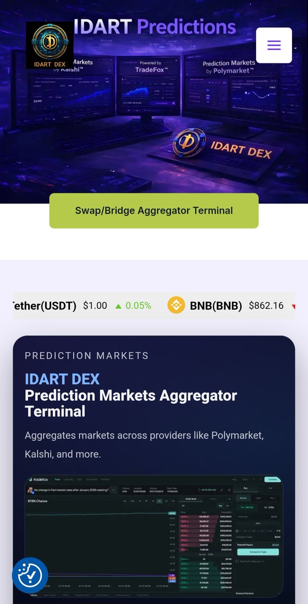 🚨IDART DEX Team is proud to announce the 3rd New Top Feature in 2026!!!📈

✅️We are now offering inside our most complete multichain DEX a Prediction Market Aggregator Terminal, including the 2 biggest providers (Polymarkets and Kalchi), where you can trade/bet absolutely