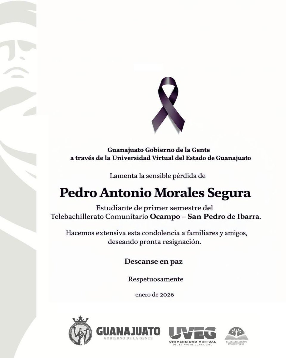 Con profundo pesar, despedimos a Pedro Antonio Morales Segura,estudiante de primer semestre del TBC Ocampo – San Pedro de Ibarra.
Acompañamos con respeto y solidaridad a su familia y amigos en este momento difícil.
Que su memoria viva siempre. Descanse en paz.
