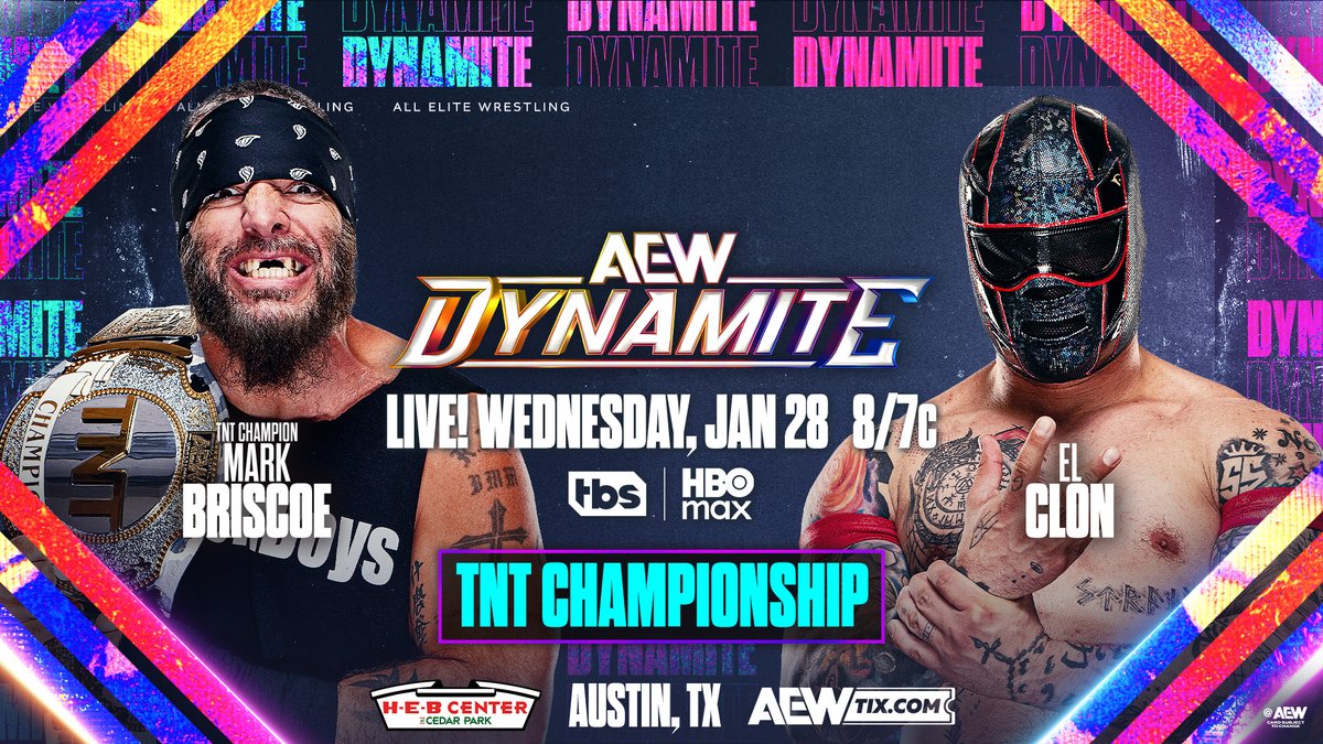 AEW's tweet photo. This Wednesday, 1/28!

AUSTIN, TX! Wednesday Night #AEWDynamite is coming your way with 3 HUGE Championship matches and so much more!

Watch LIVE at 8/7c on @TBSNetwork + @SportsOnMAX, THIS WEDNESDAY! https://t.co/ZCRPllW4bt