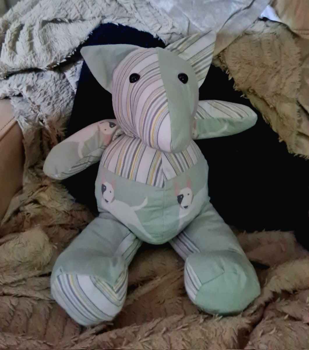Look what mum has made!
It a Vinnie bull terrier memory dog! 
She made it with his bed! She says it's not quite finished and she made a couple of mistakes but she pleased with him. It's the 1st time she's made anything like this.
