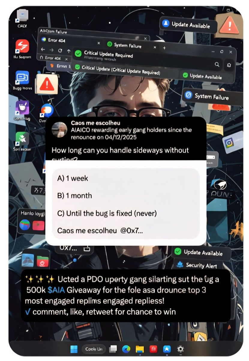 AIAICOcoin's tweet photo. Quem segurou $AIA desde o renounce (04/12/2025) é da família bugada.
Prova: comente abaixo 'Caos me escolheu' + sua wallet (pode ser parcial).
Sorteio: 500k $AIA pros 3 mais engajados dessa thread (replies + RTs contam).
Vamos ver quem aguenta o verdadeiro caos.
Poll: Você aguenta quanto tempo de sideways sem surtar?
A) 1 semana B) 1 mês C) Até o bug corrigir (nunca)
$AIA #AIAICO"