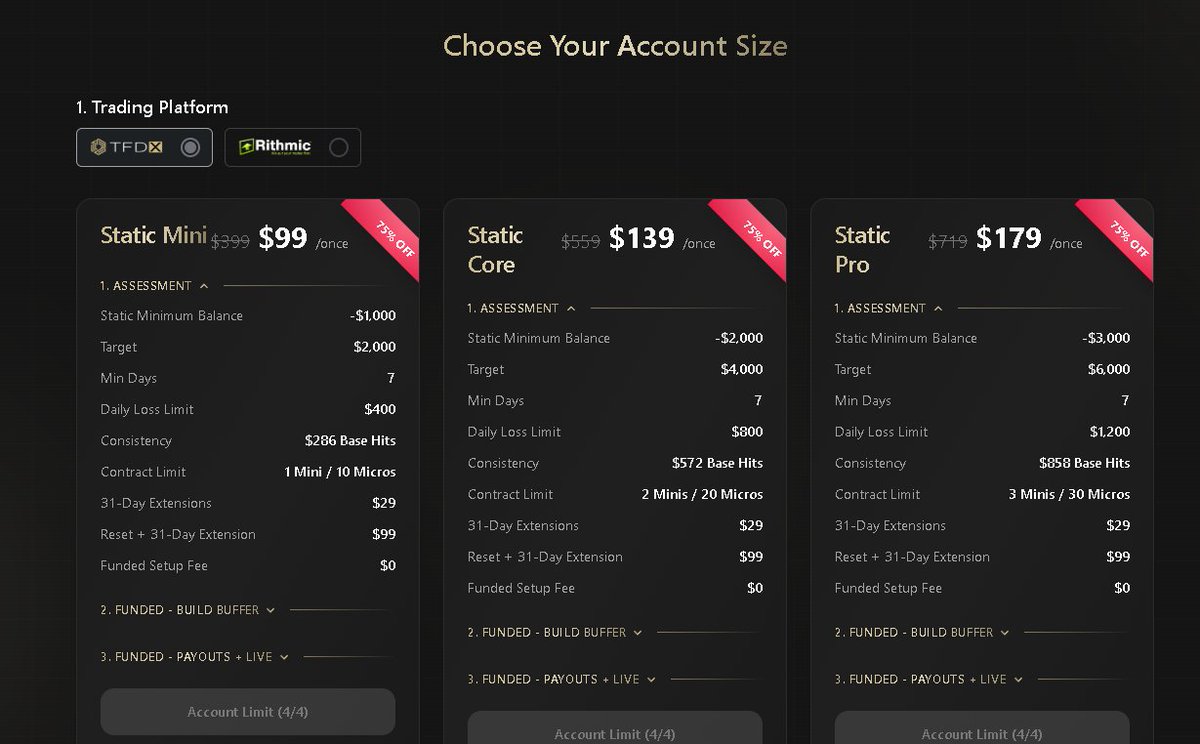 SunlessTrading's tweet image. If you don't have any of @TheFuturesDesk accounts yet, this is your chance. 75% off static accounts, doesn't get much better than these. I am maxed out on accounts or Id be picking 2 of these up myself. Use code QUANTVUE @getquantvue 

members.thefuturesdesk.com/static-plans-f…