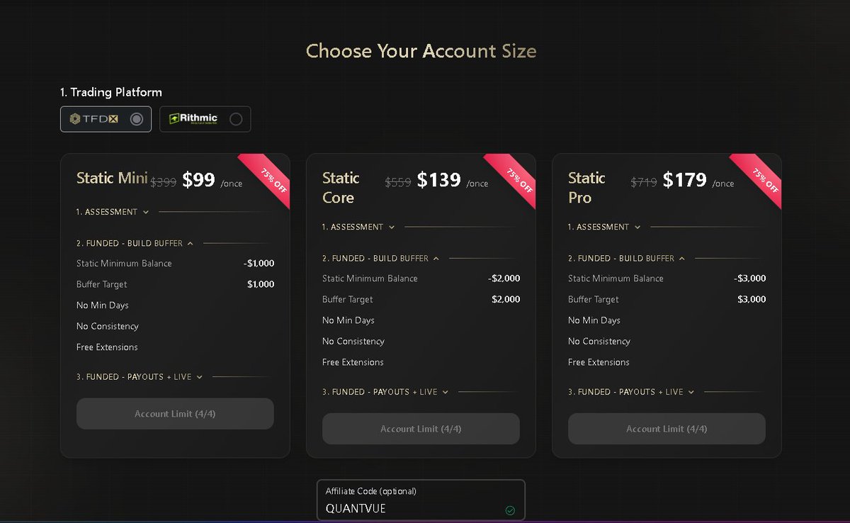 SunlessTrading's tweet image. If you don't have any of @TheFuturesDesk accounts yet, this is your chance. 75% off static accounts, doesn't get much better than these. I am maxed out on accounts or Id be picking 2 of these up myself. Use code QUANTVUE @getquantvue 

members.thefuturesdesk.com/static-plans-f…
