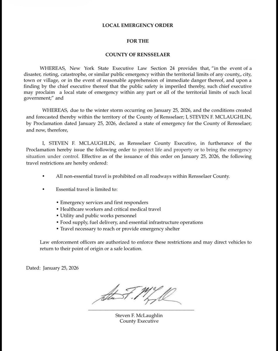 RenscoExecutive's tweet photo. A State of Emergency has been declared in Rensselaer County by County Executive Steve McLaughlin due to the heavy snowstorm and all non-essential travel is banned during the SOE. https://t.co/J5wQwEK4OW
