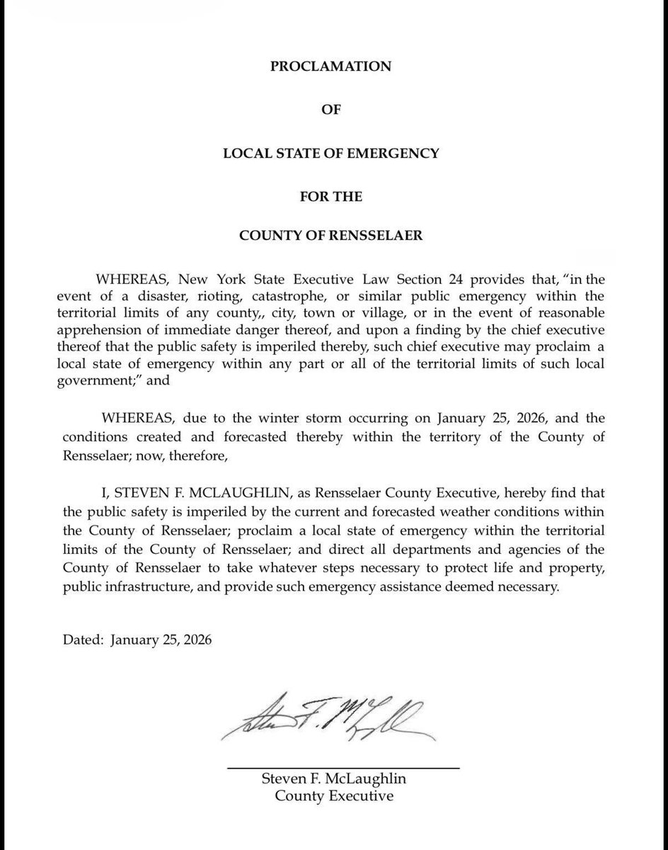 RenscoExecutive's tweet photo. A State of Emergency has been declared in Rensselaer County by County Executive Steve McLaughlin due to the heavy snowstorm and all non-essential travel is banned during the SOE. https://t.co/J5wQwEK4OW