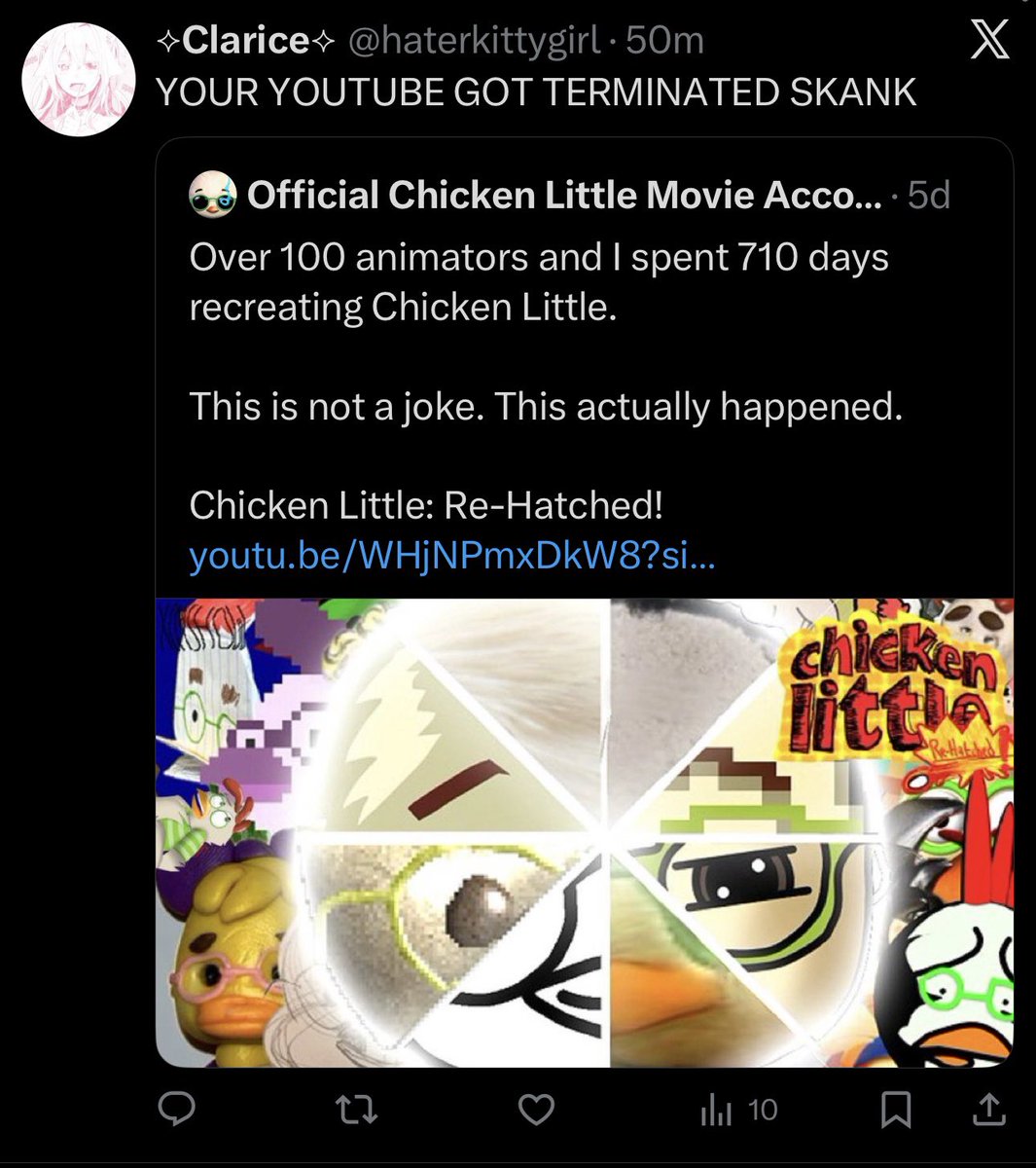 Chicken Little: Re-Hatched - a collaborative project by 100+ artists - was removed from YouTube and NewGrounds based on false reports.

ClariceKitty, who filed these reports, was removed from the project due to predatory behavior toward minors. 🧵(1/10)

🚨PLEASE LIKE &amp; RT🚨