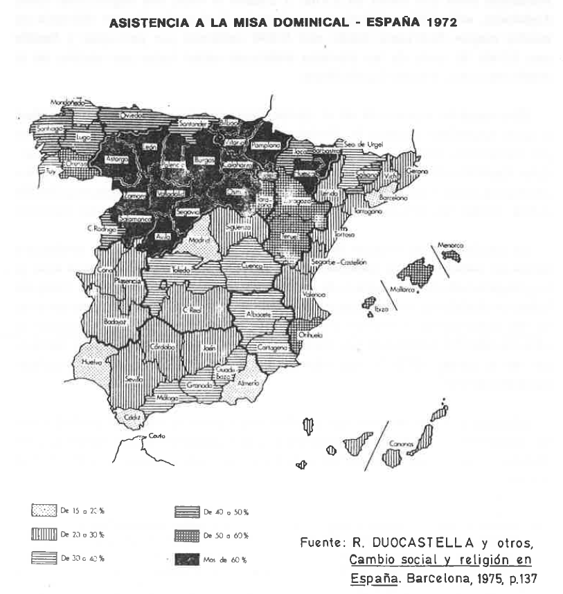 Aquí, via <a href="/abadessenc/">Abadessenc</a>, con datos del 1972 se ve mejor.

Importante entender q esta división en zonas de altísima practica católica y otras de bastante menor se  remonta a finales del siglo XVIII.

La última fase de decristianización de noroeste es tan reciente como los años 80.