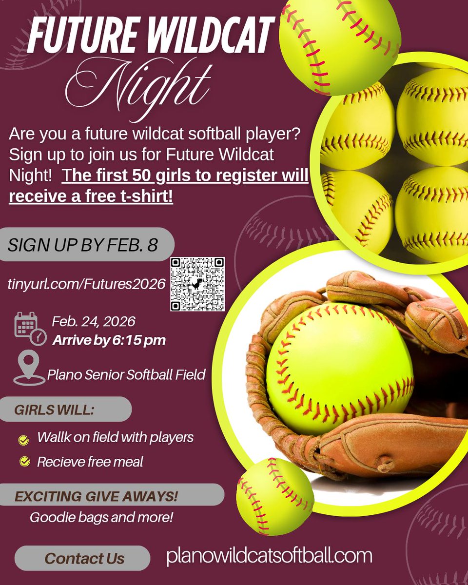 🐾 Calling all future Wildcat Softball players! 🐾

Join us for Future Wildcat Night on Tuesday,  Feb. 24.  

🥎 The first 50 girls to register will receive a free t-shirt!

🥎 Registration closes Sunday,  Feb. 8, so register now!