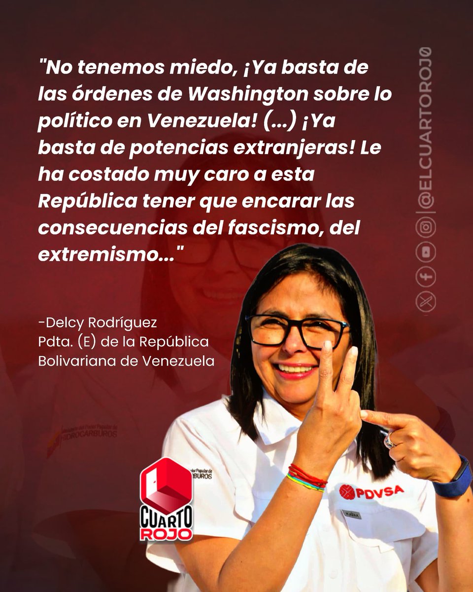 ElCuartoRoj0's tweet photo. #LoDijo la Pdta E Delcy Rodríguez 🇻🇪

No tenemos miedo de hacerle frente al fascismo de las potencias extranjeras.

Juntos, como históricamente lo hemos hecho: venceremos! 🇻🇪 #25Ene https://t.co/kLlAlQiRIT