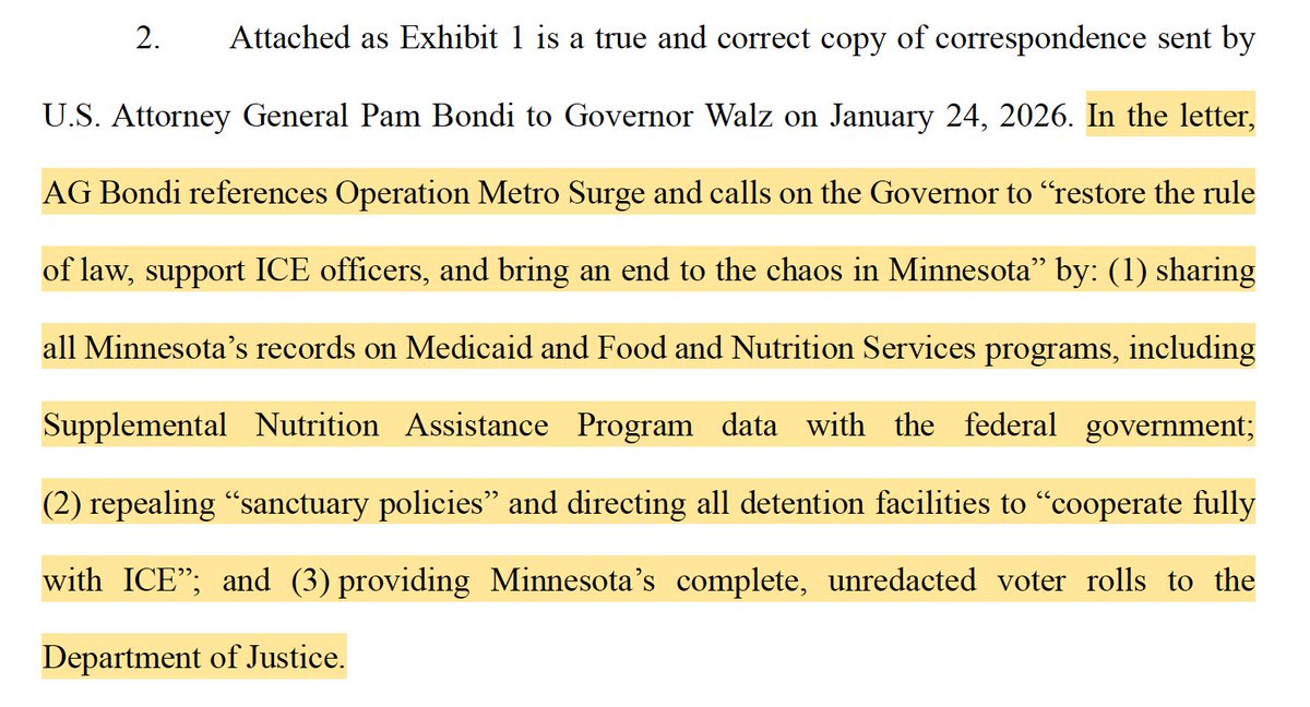 rparloff's tweet image. In new update to its request for a preliminary injunction, MN submits a list of Trump, Bondi, &amp;amp; Vance's own offensive statements, highlighting AG's Bondi's demands for MN's unredacted voter rolls and Medicaid &amp;amp; Food Nutrition records.