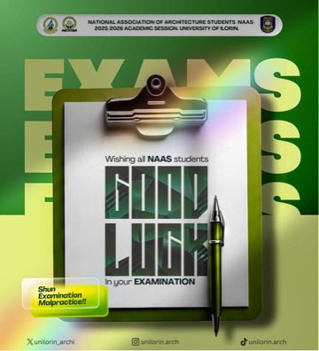 Good luck to all NAAS Architecture students as exams begin 📚🏛️
May clarity, focus, and confidence guide you through every paper. Trust your preparation, stay calm, and give it your best. You’ve got this 💚✍🏽

#unilorin #architecture #NAASUnilorin #ArchitectureStudents #Exam