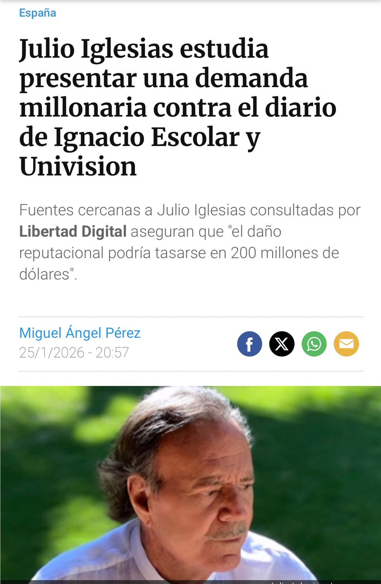 Julio Iglesias estudia presentar una demanda de 200 millones de dólares contra el diario digital de Ignacio Escolar, eldiario.es

Vamos Julio !!! 💪