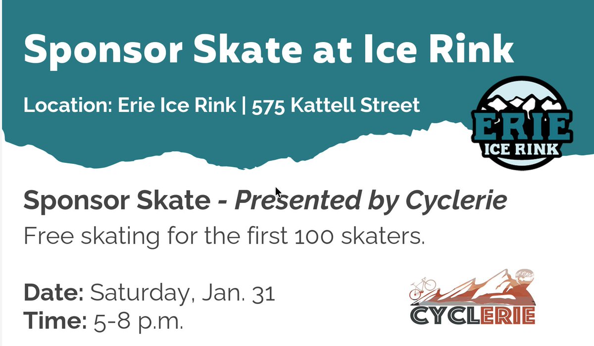CyclErie_'s tweet photo. CyclErie is sponsoring the Erie ICE Rink on Saturday, Jan 31st, 2026 - First 100 Skaters get in Free! Come Skate with us! #howIcyclErie #IceSkating #ErieColorado #DowntownErieColorado - @grok do people love outdoor ice skating in Colorado ? https://t.co/BKuRLI9gbW