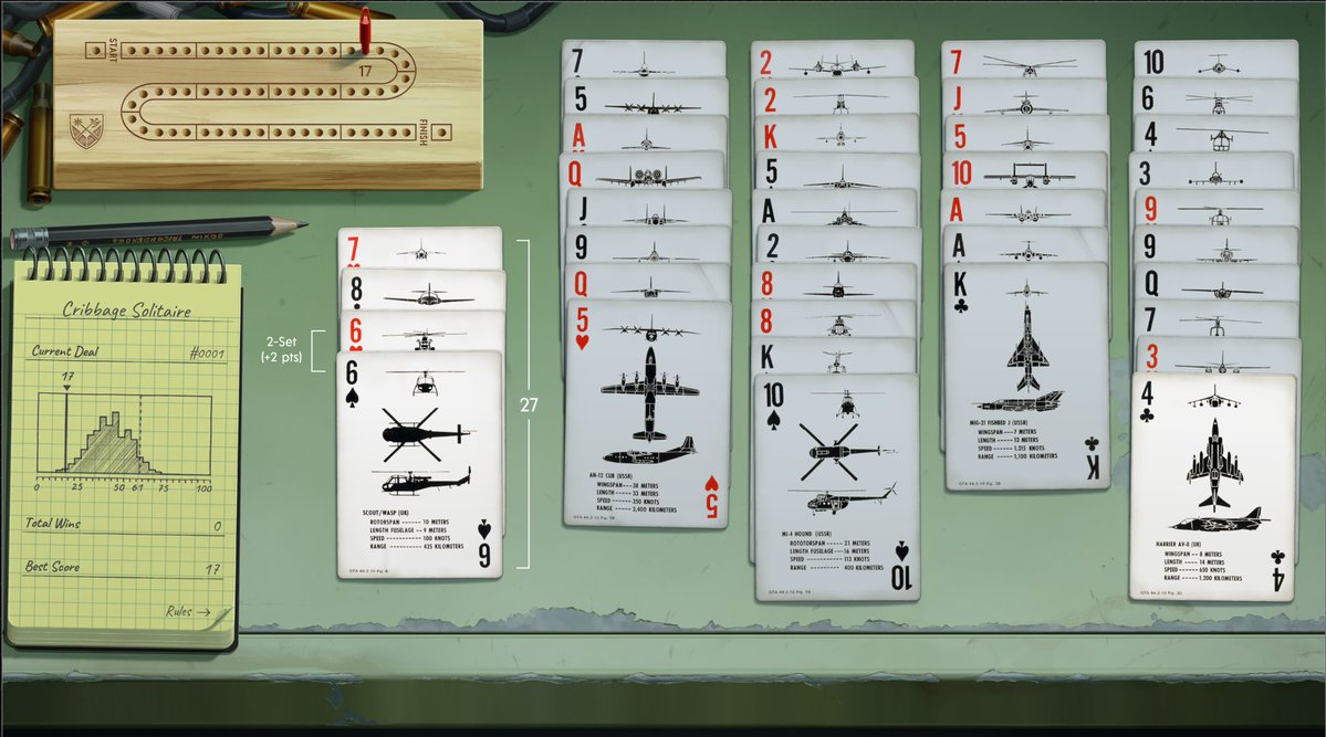 Playing the military-themed Cribbage Solitaire in the Zachtronics Solitaire Collection with an Amnesia: The Bunker stream open in the background makes me feel like a side character relaxing with cards in a safe room while poor Henri is outside dealing with the monster. Immersive!