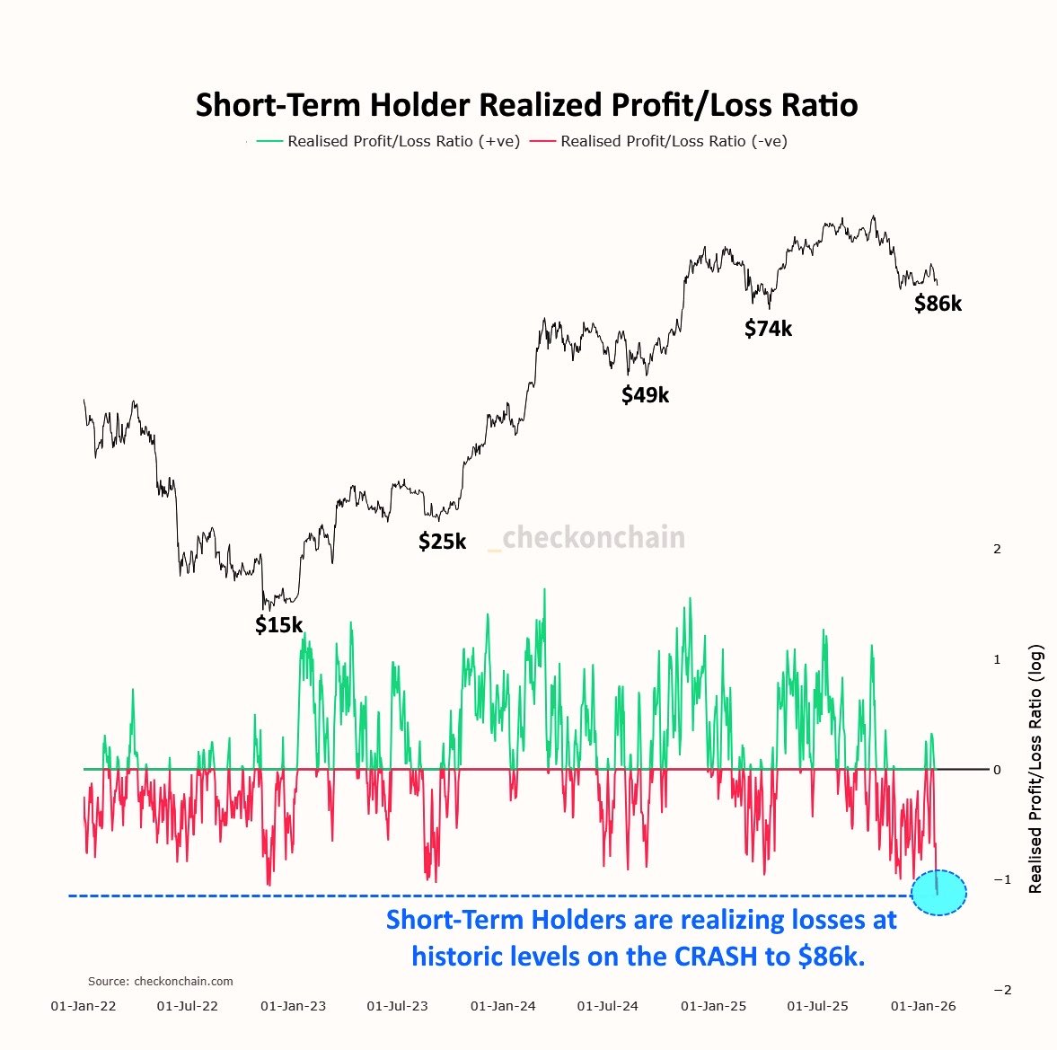 Short-term holders are realizing losses at historic levels on the bitcoin  CRASH to $86k.