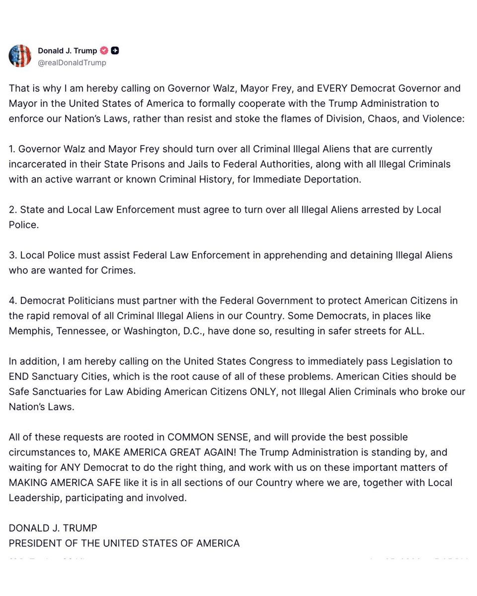 bennyjohnson's tweet image. NEW: President Trump sends DIRECT demands to Congress and every single Democrat Governor and Mayor: 

- Turn over all criminal aliens currently in state prisons and local jails to federal authorities for immediate deportation. 
- State and local law enforcement must transfer all…
