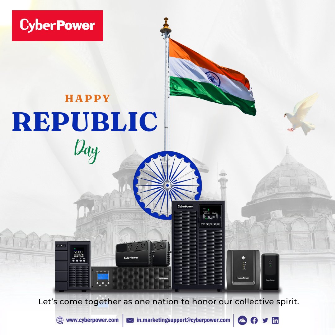 CyberPower wishes a Happy Republic Day!  

Let's come together as one nation to honor our collective spirit.   

#RepublicDay #ProudIndian #PoweringProgress #StayConnected #StayPowered #PowerProtection #ReliablePowerSolutions #Uninterruptiblepowersupply