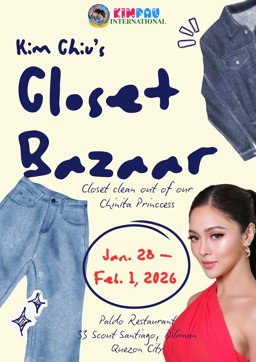 From Kim’s Closet, With Love — for a Cause ✨👗
This isn’t just a bazaar. It’s Kim Chiu’s Closet Bazaar for a Cause—a chance to give, share, and support while celebrating style and community.

🗓 Jan 28 – Feb 1, 2026
📍 Palato Restaurant, Diliman

Shop with purpose. Wear the