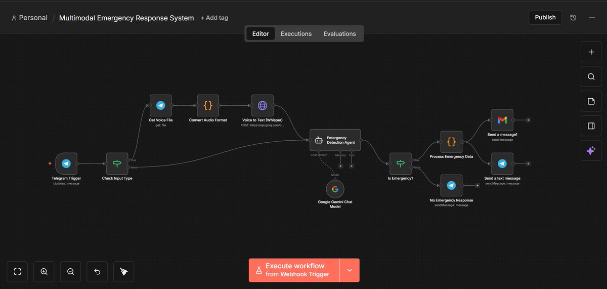 Shashid24514435's tweet photo. 🚀 Multimodal Emergency Response System

⚡ What it does:
💬 Accepts text &amp; audio
🎙️ Converts voice to text
🧠 AI analyzes urgency &amp; intent
🚨 Prioritizes emergencies
⚙️ Triggers responses

#MultimodalAI #AIAgents #AIWorkflows #n8n #EmergencyResponse #LearningInPublic https://t.co/hQ4OKflnge