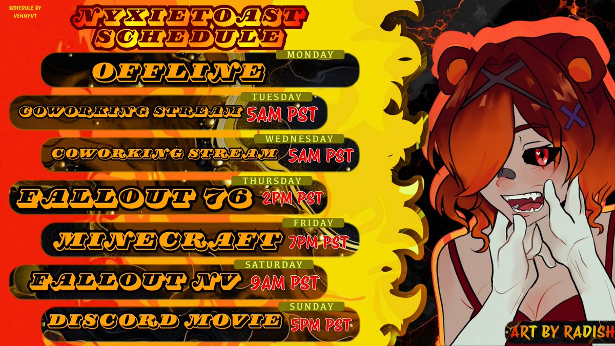 nyxietoast's tweet photo. Hello my little cubs! <3
Schedule for 01/26-02/01! (Totally didn't forget to put dates on the other one...heheheh....)
#vtuber #vtuberschedule #schedule #fallout #minecraft #streamer #streamerschedule #coworking #bodydoubling #lavabear #gamergirl #gamer https://t.co/wDNYwYB6OY
