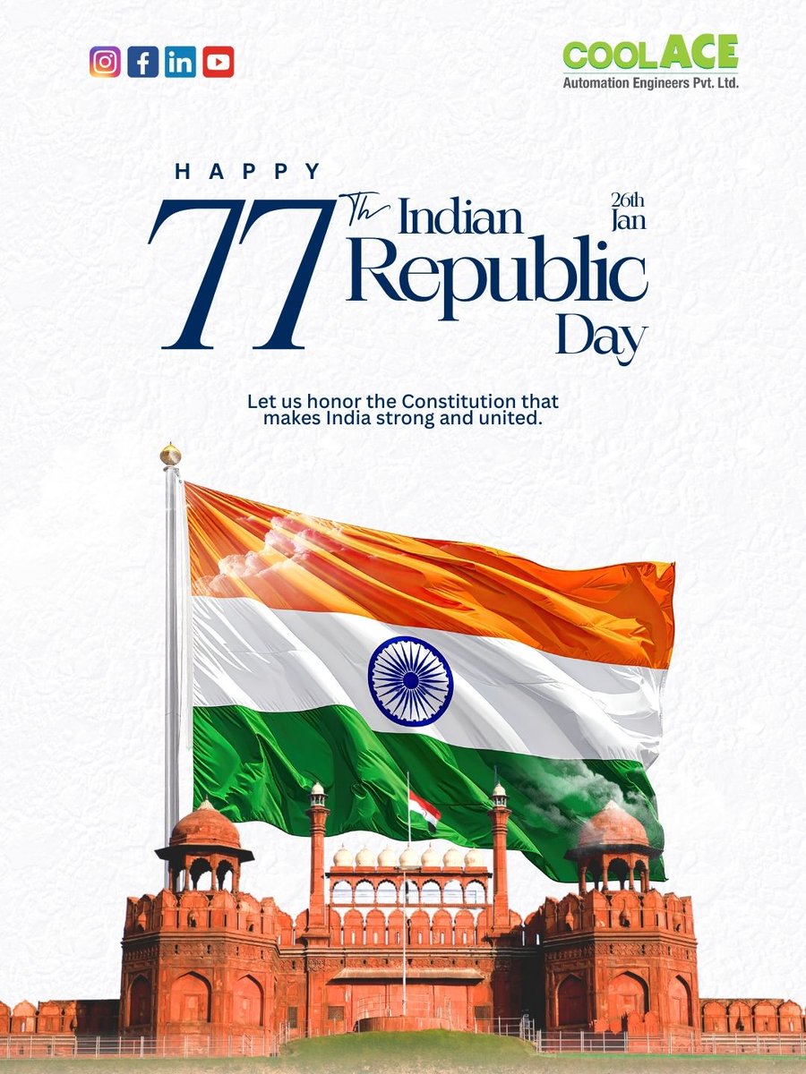 𝐖𝐢𝐬𝐡𝐢𝐧𝐠 𝐞𝐯𝐞𝐫𝐲𝐨𝐧𝐞 𝐚 𝐇𝐚𝐩𝐩𝐲 𝐑𝐞𝐩𝐮𝐛𝐥𝐢𝐜 𝐃𝐚𝐲! 🇮🇳

Today, we celebrate the adoption of our Constitution and the spirit of democracy that unites us. Let's salute the sacrifices of our freedom fighters and the values that make India strong.

#RepublicDay