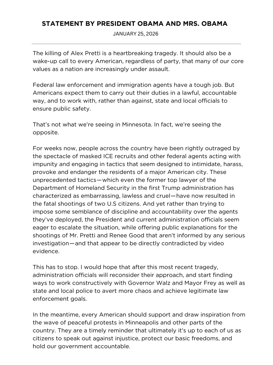 The killing of Alex Pretti is a heartbreaking tragedy. It should also be a wake-up call to every American, regardless of party, that many of our core values as a nation are increasingly under assault - <a href="/BarackObama/">Barack Obama</a>