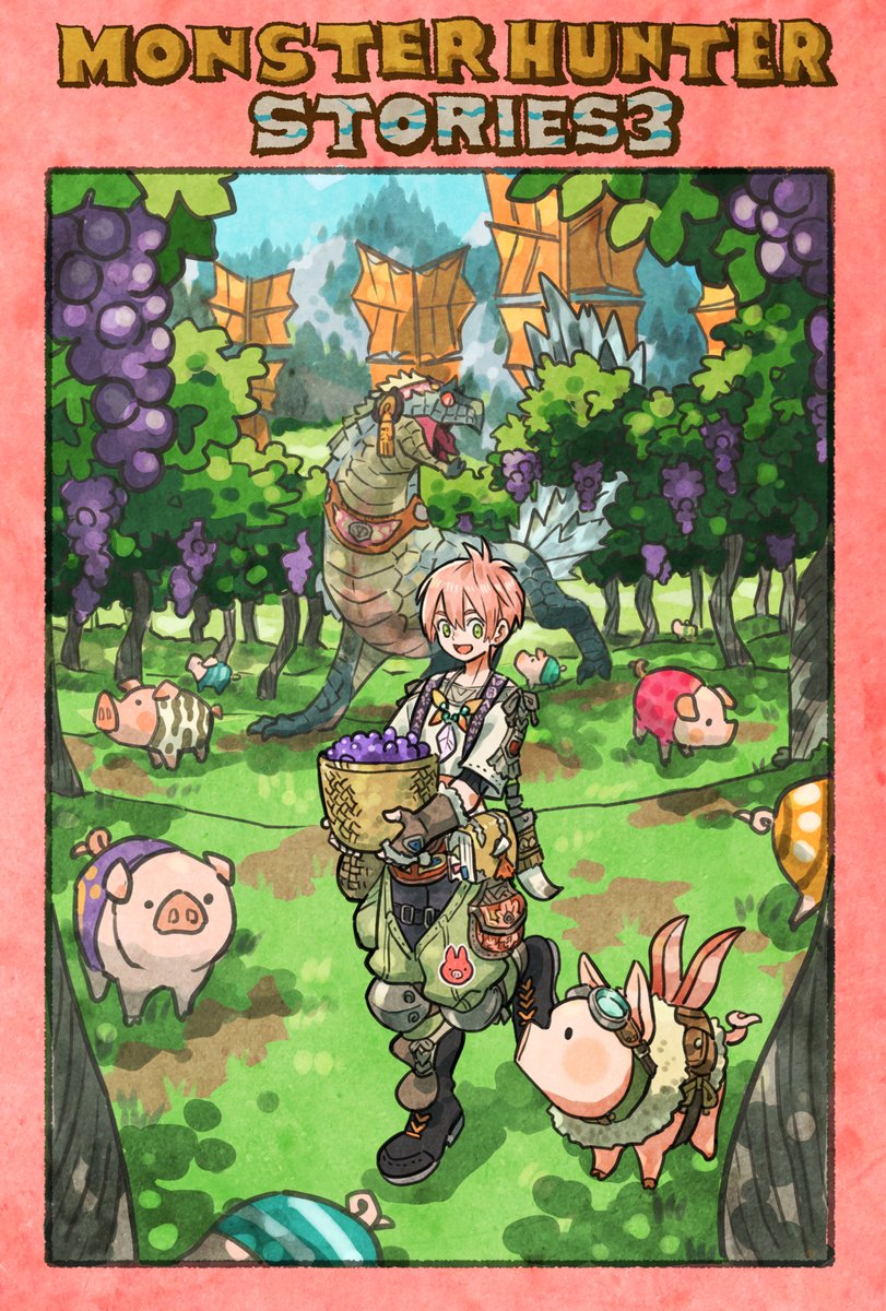 monsterhunter's tweet image. It's the newest member of the Rangers, Thea, drawn by illustrator @ryosuketarou! 

She's grape picking alongside Pookie, and her Tobi-Kadachi Monstie, Kagachi. Wait, is Kagachi actually eating the grapes instead? #MHStories3