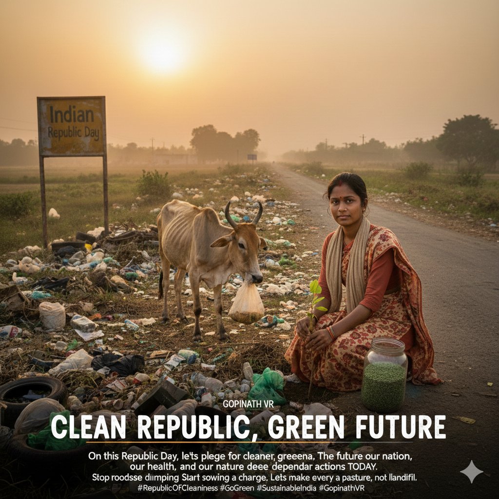 StarGopi1's tweet photo. This Republic Day, let’s choose a cleaner legacy
Seeing plastic-eating cows instead of grass-fed ones is a wake-up call for our nation.We must stop roadside dumping and treat our public spaces with the same care as our homes
Don't just discard—sow the seeds for a greener future https://t.co/NcgyTJzO2D