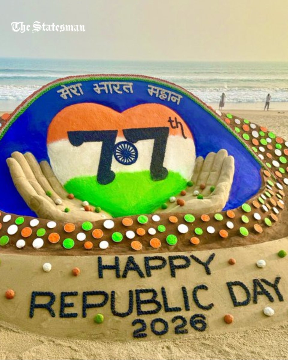 TheStatesmanLtd's tweet photo. Republic Day 2026 | Padma Shri Sand artist Sudarsan Pattnaik celebrates 77th Republic Day at Puri.

@sudarsansand | #RepublicDay2026 #RepublicDayIndia #RepublicDay #Delhi #TheStatesman https://t.co/McH9I8O14z