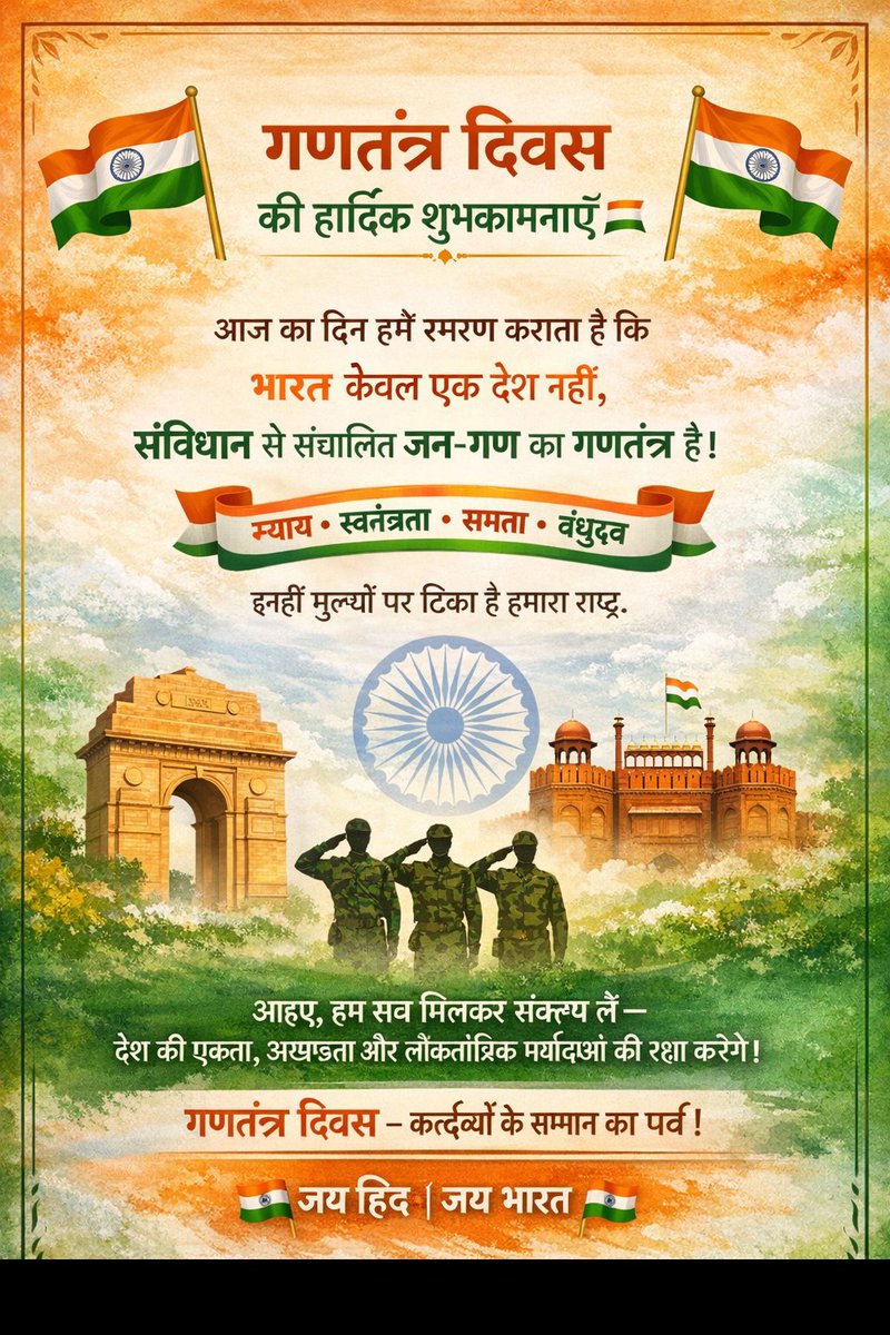 न्याय, स्वतंत्रता, समता का गूंजे पावन मंत्र,
लोकतंत्र की धरती भारत, विश्व में सबसे सुंदर यंत्र।
वीरों के बलिदानों से सींची, ये आज़ादी की धरा,
गणतंत्र दिवस हमें सिखाए—कर्तव्य ही सबसे बड़ा।
🇮🇳 गणतंत्र दिवस की हार्दिक शुभकामनाएं 🇮🇳
#गणतंत्र_दिवस
#RepublicDay