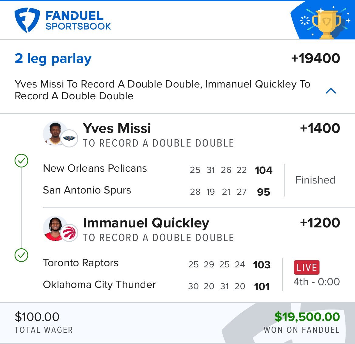 💰 YVES MISSI + IMMANUEL QUICKLEY DOUBLE-DOUBLE SGP WIN!

$100 ➡️ $19,500

(via <a href="/GoldieCapone_/">G🍋LDiE</a> | <a href="/FDSportsbook/">FanDuel Sportsbook</a>)
