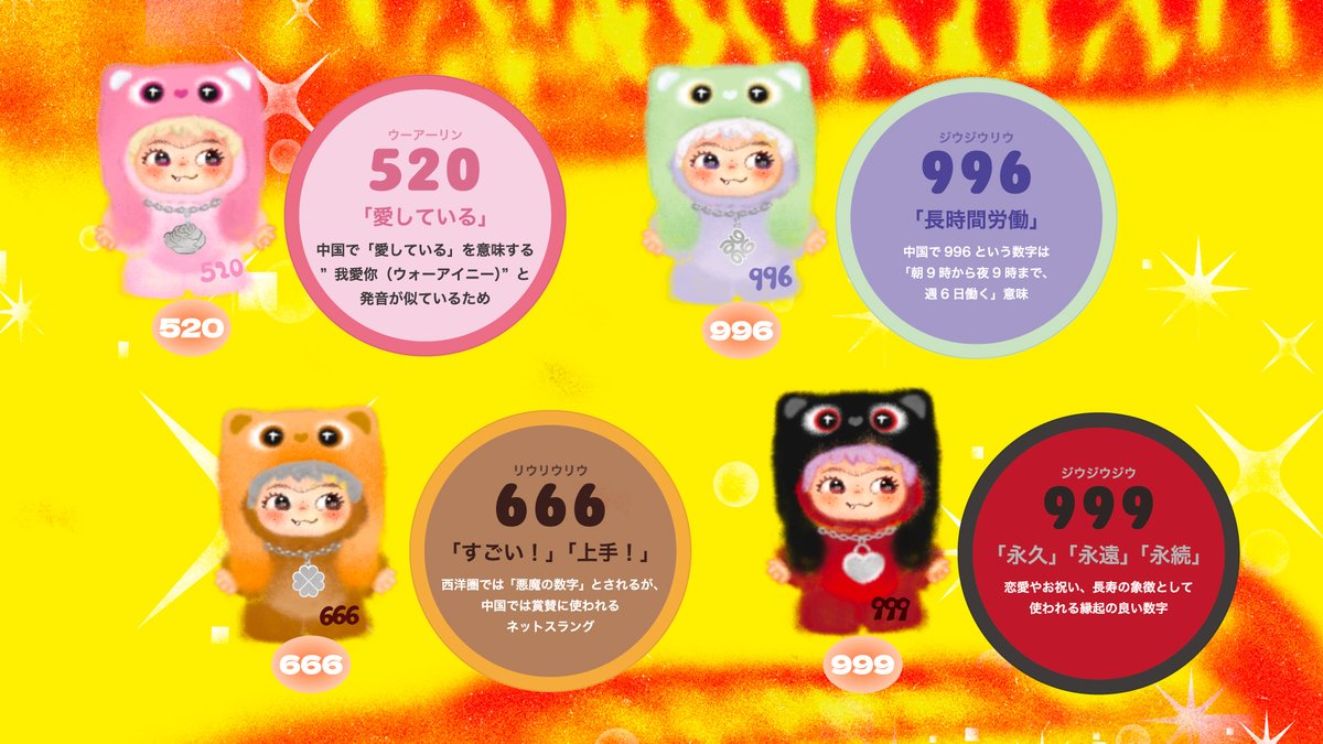 ところで、ラインナップにある『520』や『996』ってどんな意味？と思った方へ！ 実は、新作ワククの3桁の数字には、全部意味があるんです！  中国で縁起がいいとされる数字やスラング表現がモチーフになってます🧧✨ 中国の縁起の良い数字やスラング表現がモチーフになっ ...