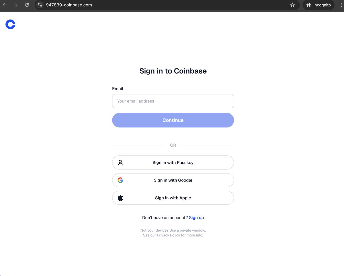 FraudMon's tweet image. Another fake @coinbase site trying to steal your credentials. Don't fall for this -- make sure you're on the actual Coinbase site.