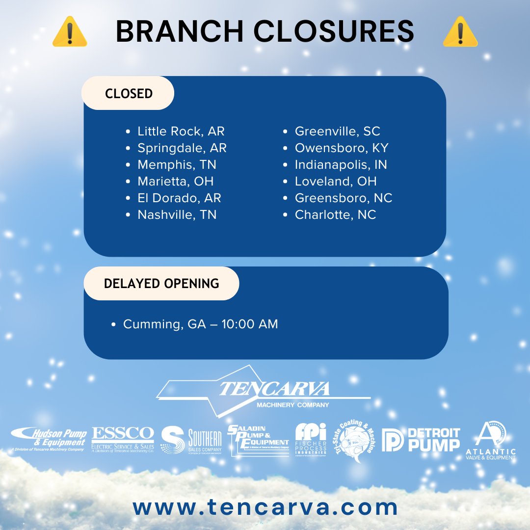 esscoinc's tweet photo. Due to weather conditions, the following Tencarva locations will be closed on Monday, January 26 to prioritize the safety of our employees and customers. If you need assistance, please reach out to your Tencarva contact or visit https://t.co/6TuO9zl5mV for updates. https://t.co/vaUP8zv2od