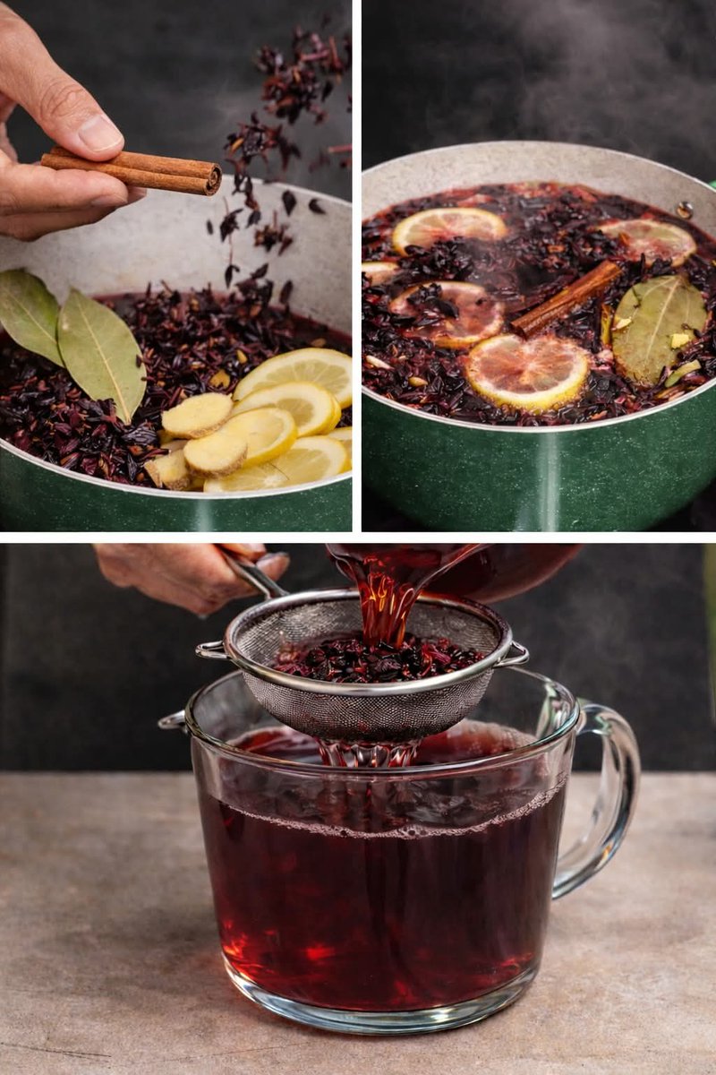 Bay leaf
Hibiscus
Cloves
Cinnamon
Ginger
Lemon
Boil for 15 minutes