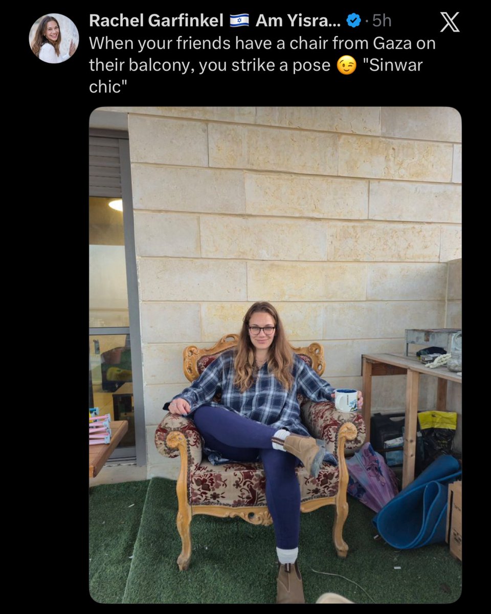 TOliveFern's tweet image. An Israeli brags about a stolen chair from Gaza