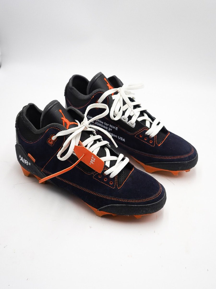 SoleRetriever's tweet image. Patrick Surtain II’s custom Off-White x Air Jordan 3 cleats for the AFC Championship Game ❄️ @PatSurtainll 

📷 @Dakota_Wiley_22