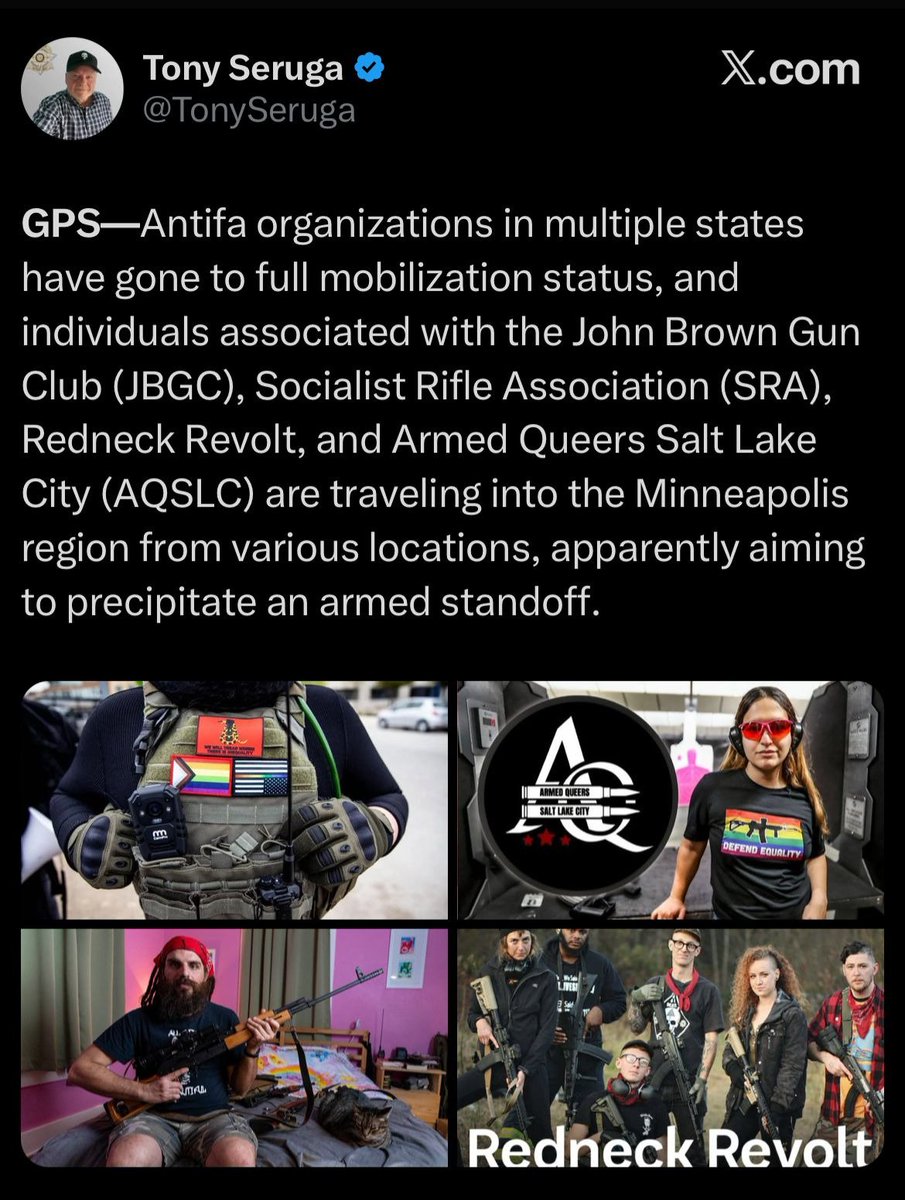 MarioNawfal's tweet image. 🚨🇺🇸 Antifa-aligned gun groups are heading to Minneapolis.

People tied to the John Brown Gun Club, Socialist Rifle Association, Redneck Revolt, and Armed Queers Salt Lake City are rolling in.

Their goal is reportedly to start an armed standoff with ICE.

No official…