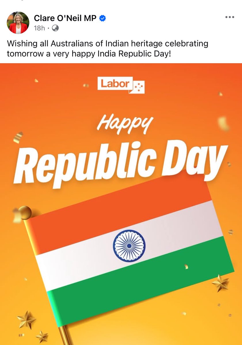 DrewPavlou's tweet image. Australia and India share the same national day: January 26.

Australian Labor Minister Clare O’Neil released a post celebrating Indian National Day but she has not said a single word about Australia Day.

Truly bizarre.