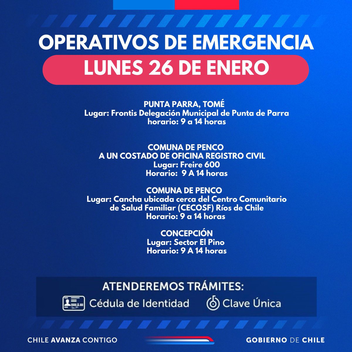 Este lunes 26 de enero realizaremos un nuevo operativo para apoyar a nuestra comunidad de Penco, Lirquen y Punta de Parra y Concepción

Infórmate aquí ⬇️los lugares y horarios de atención