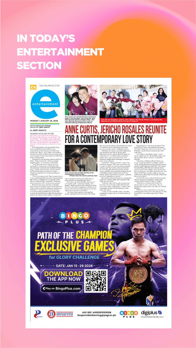 ENTERTAINMENT HEADLINES (Monday, January 26, 2026)
Subscribe to the paper: philstarsubscribe.com

Anne Curtis, Jericho Rosales reunite for a contemporary love story
tinyurl.com/2pe9daue

Fun and fellowship at MQAA’s 2026 kick-off party
tinyurl.com/yvns4she