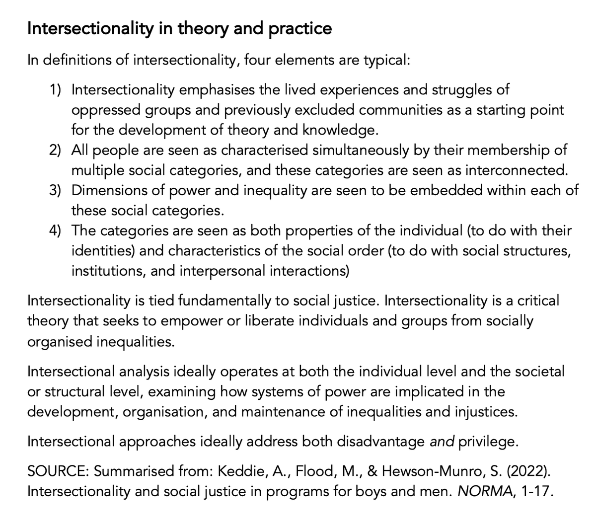 MichaelGLFlood's tweet photo. Intersectionality: Here is a 169-word summary of its key elements, summarised from a new journal article on intersectionality and social justice in programs for boys and men, by Amanda Keddie, Michael Flood, and Shelley Hewson-Munro.
https://t.co/3a0p6yDlur @amandaMkeddie https://t.co/F8T7QcmLCk