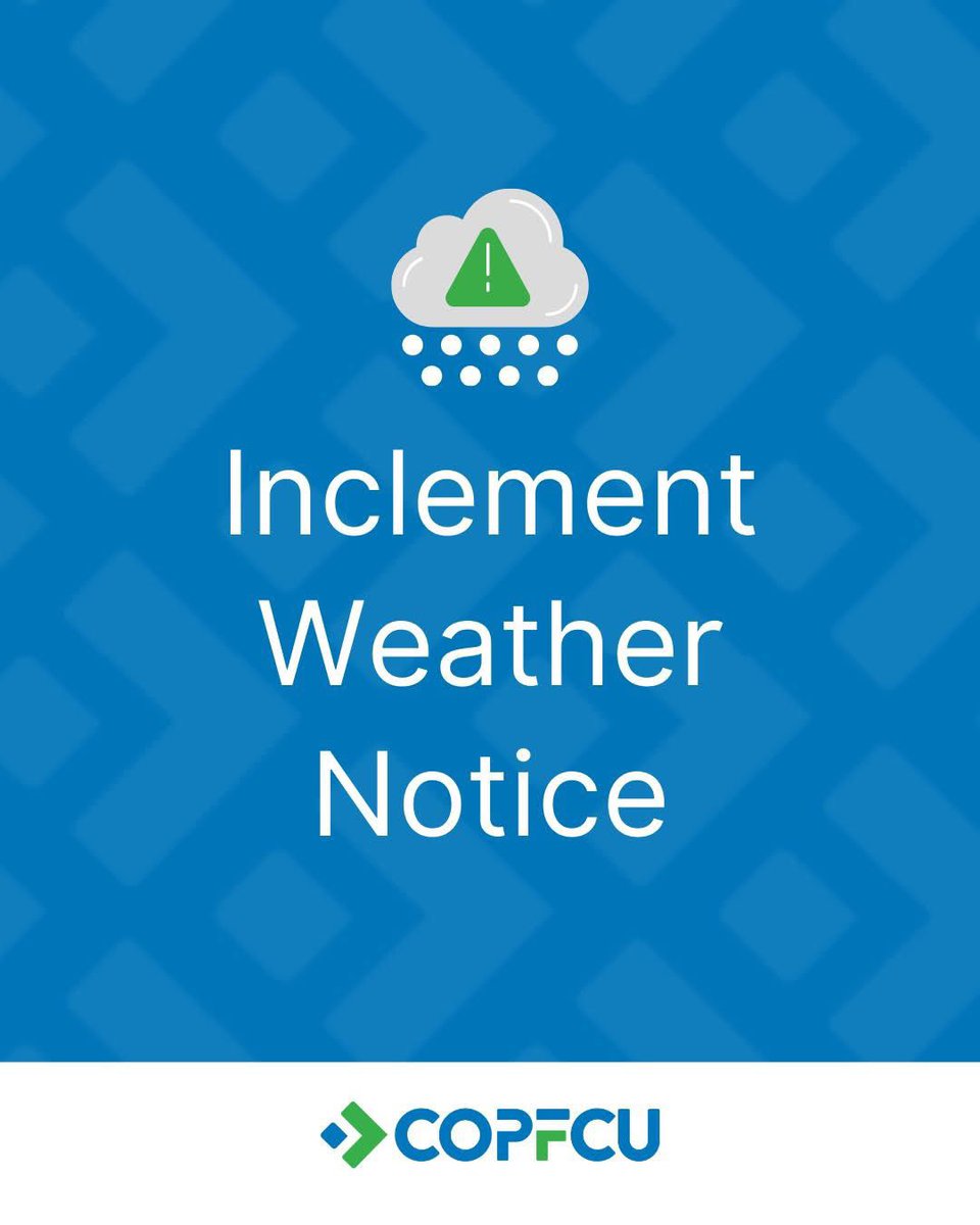 COPFCU's tweet photo. **Branch Closure Notice**

Due to hazardous road conditions following the weekend snowstorm, all COPFCU branches will be closed Monday.

Online &amp; mobile banking and ATMs remain available. Stay safe and warm https://t.co/TEOQZZkSHa