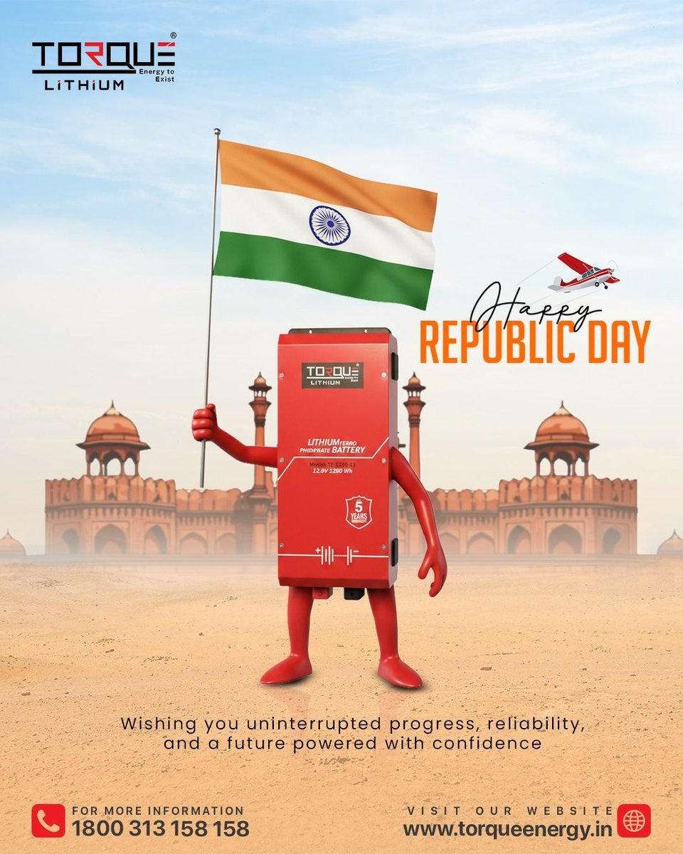 Torque_Energy's tweet photo. Happy Republic Day ✨ 

With pride and respect, TORQUE Lithium Battery wishes you
uninterrupted power, stronger progress, and a brighter tomorrow. ⚡🔋🌟 

#HappyRepublicDay #republicday2026 #torqueenergy #energystorage #solarbattery #MadeinIndia #indialove https://t.co/D6DaqbvIE2