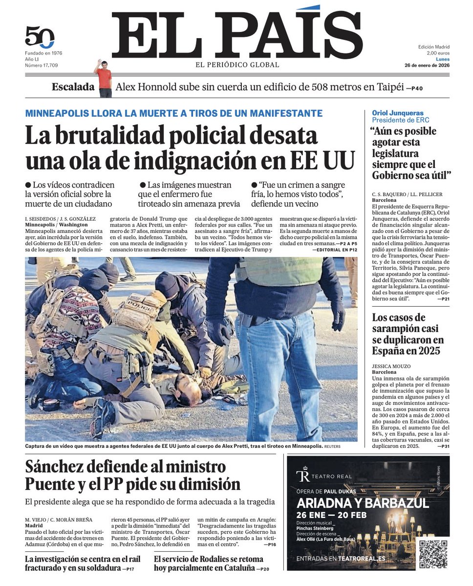 🗞️#Portada | La brutalidad policial desata una ola de indignación en Estados Unidos; Los casos de sarampión casi se duplicaron en España en 2025; Sánchez defiende al ministro Puente y el PP pide su dimisión, en EL PAÍS este lunes 26 de enero

🔗tinyurl.com/2w25vdxx