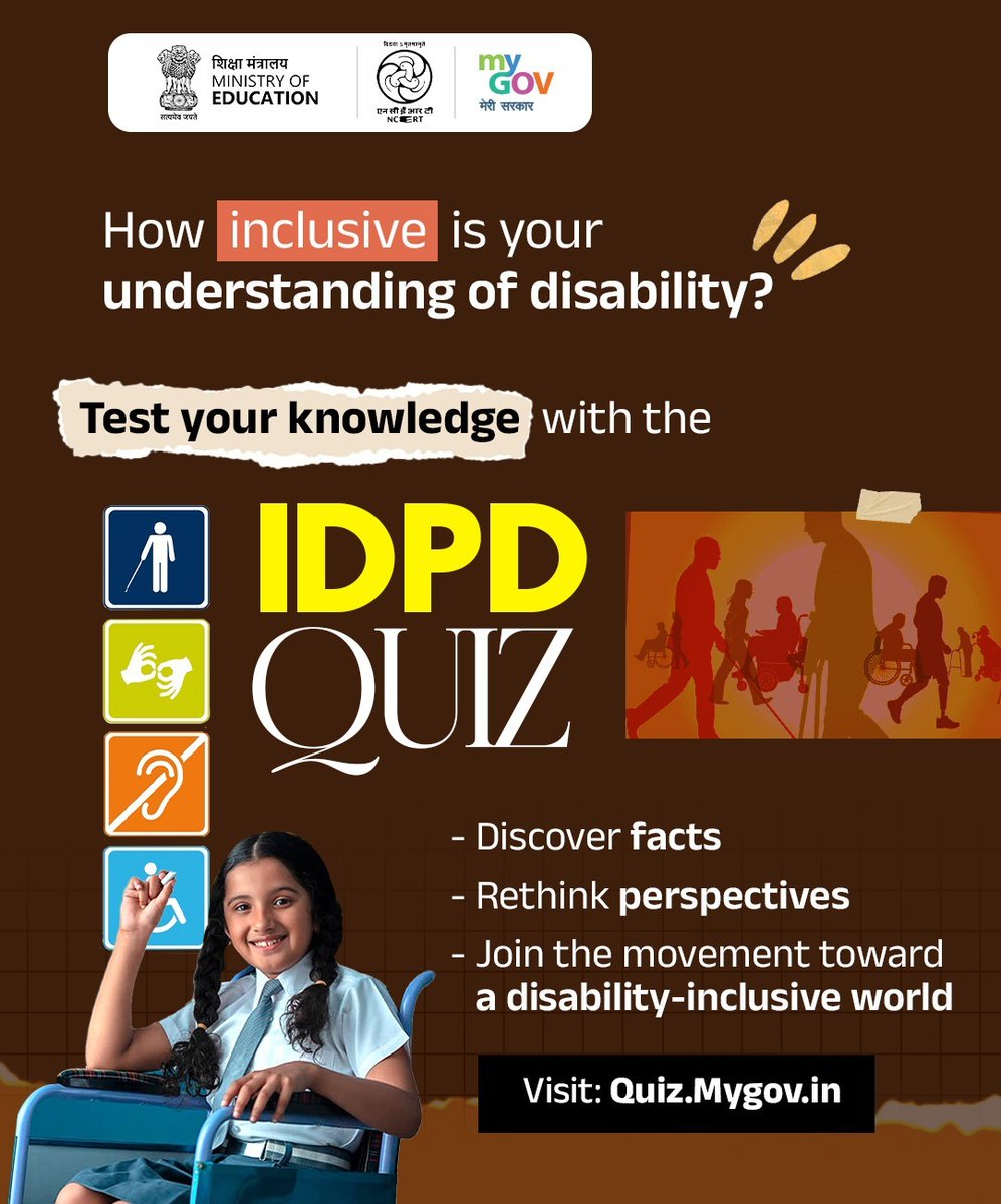 mygovindia's tweet image. Awareness is the first step towards inclusion.

Understand disability inclusion and the importance of building accessible spaces for everyone. Test your knowledge with the quiz and be part of a more inclusive India.

🔗 quiz.mygov.in/quiz/idpd-quiz/

#DisabilityInclusion