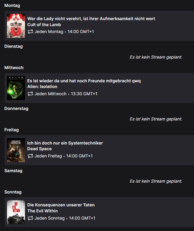 👑 Streamplan: 26.01.26 - 01.02.26 👑

Neue Woche, neuer Plan, neue Zeiten 😌
Weil ich jetzt 2 Hunde runden übernehme, starte ich jetzt gegen 14 Uhr statt 16 Uhr❗️

Mittwoch sogar noch ein ticken früher, weil Baum, lebt damit 🙃

Joint dem Kult 🤫
👑twitch.tv/ladyselphia 👑