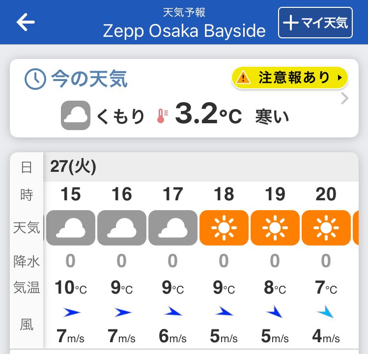 明日のZepp Osaka Bayside、この数日よりは暖かそうで助かる（風は