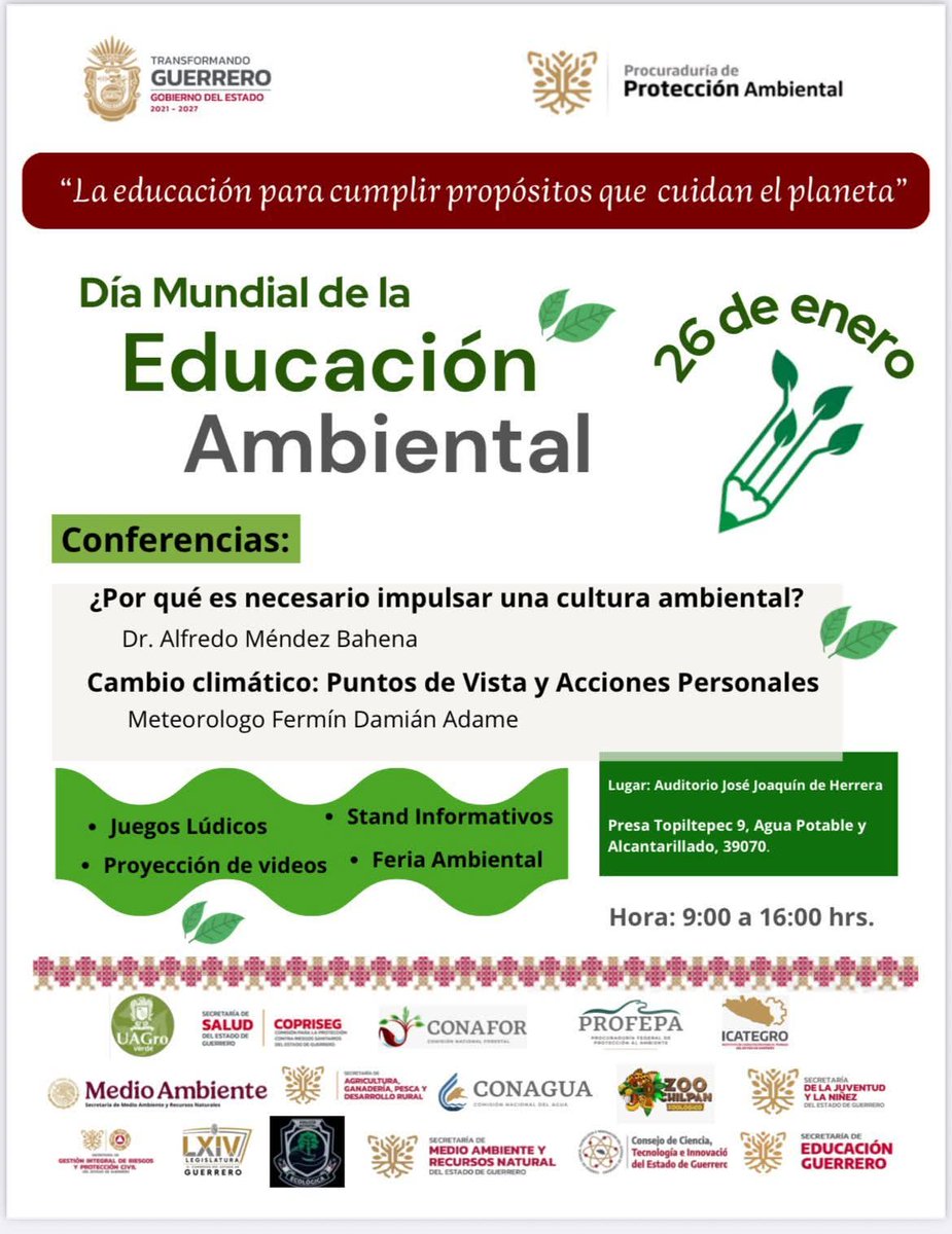 PROPAEG, invita a toda la ciudadanía a participar en la conmemoración del Día Mundial de la Educación Ambiental, 
Lugar: Auditorio José Joaquín de Herrera
Horario: De 9:00 a 16:00 horas

¡Te esperamos!